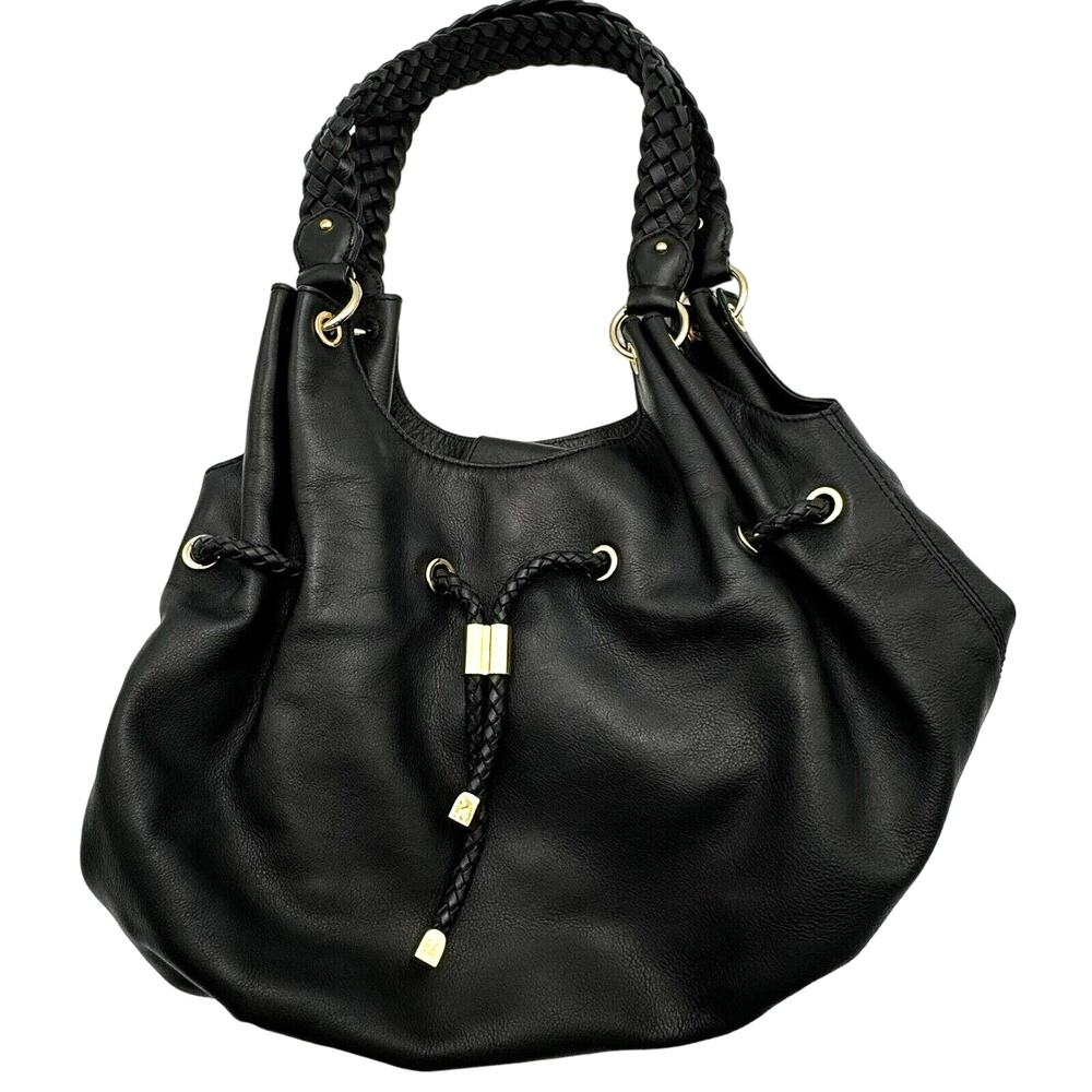 Michael Kors Authentic Black Pebble Leather Cinch Tote Bucket Bag Tassel‎ Hobo